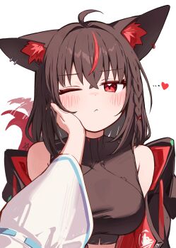 ;< absurdres ahoge animal_ear_fluff animal_ear_piercing animal_ears black_hair black_jacket black_shirt braid breasts commentary_request cropped_shirt dark_persona deaver double-parted_bangs fox_ears fox_girl fox_tail hair_between_eyes hand_on_another's_cheek hand_on_another's_face heart highres hololive jacket kurokami_fubuki large_breasts long_hair looking_at_viewer off_shoulder one_eye_closed pentagram pov pov_hands red_eyes red_streaks shirakami_fubuki shirakami_fubuki_(1st_costume) shirt side_braid simple_background single_braid sleeveless sleeveless_shirt tail tail_wagging two-sided_fabric two-sided_jacket virtual_youtuber white_background white_sleeves wide_sleeves