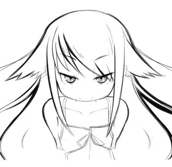 Rule 34 | 1girl, bare shoulders, close-up, closed mouth, collarbone, dress, from above, greyscale, long hair, looking at viewer, madmex, monochrome, ribbon, saya (saya no uta), saya no uta, sidelocks, sketch, smug, solo