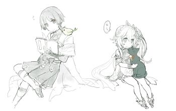 1boy 1girl animal animal_on_lap animal_on_shoulder animalization anklet armor bird bird_on_shoulder black_cat bloomers blunt_ends bodysuit book bow bracelet braid bridal_gauntlets cat cat_on_lap choppy_bangs closed_mouth covered_collarbone cross-shaped_pupils detached_sleeves dress eyeliner feathers furisode genshin_impact green_bird greyscale h1j1k1desu hair_ornament hakama hakama_shorts half_crown_braid highres japanese_armor japanese_clothes jewelry kimono kote leaf leaf_hair_ornament leg_warmers light_blush long_hair looking_at_animal makeup mandarin_collar monochrome nahida_(genshin_impact) notice_lines on_lap open_book person_and_animalization pleated_shorts pointy_ears pom_pom_(clothes) red_eyeliner ringed_eyes rope royal_ease sandals sash scaramouche_(cat)_(genshin_impact) scaramouche_(genshin_impact) short_dress shorts shoulder_peek side_cape side_ponytail sidelocks smile speech_bubble split_mouth spot_color string symbol-shaped_pupils tassel toeless_legwear toeless_socks translation_request underwear wanderer_(genshin_impact) white_background wide-eyed yellow_feathers zouri
