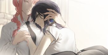 2girls between_legs black_necktie braid chainsaw_man closed_eyes collared_shirt commentary green_eyes hand_on_another&#039;s_head highres holding_hands long_hair makima_(chainsaw_man) multiple_girls muneomon_(takomon) necktie parted_lips purple_hair red_hair reze_(chainsaw_man) shirt single_braid smile tears wet white_shirt yuri