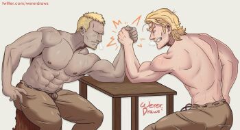 2boys abs absurdres arm_wrestling arthur_(fire_emblem_fates) artist_name bara benny_(fire_emblem) blonde_hair blue_eyes commentary dark-skinned_male dark_skin english_commentary facial_hair fire_emblem fire_emblem_fates goatee highres large_pectorals log male_focus multiple_boys muscular muscular_male navel nintendo nipples pants pectorals short_hair simple_background sitting sitting_on_log sweat table topless_male twitter_username wererdraws
