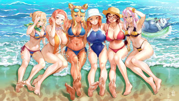 abs adjusting_hair arm_support bare_shoulders barefoot beach becky_montanari bikini blonde_hair blue_bikini blue_eyes breasts brown_eyes brown_hair bucket_hat cecilia_campbell cleavage closed_mouth commentary_request competition_swimsuit crossed_ankles debora_rosado dog double_bun elisa_anker eyewear_on_head from_above ge_xi glasses green_eyes hair_bun halterneck hamana_akane hat highleg highres huge_breasts innertube jewelry large_breasts leg_tattoo lien_ai-chiang long_hair looking_at_viewer muscular muscular_female navel necklace one-piece_swimsuit one_eye_closed orange_hair orange_slingshot_swimsuit parted_lips pink_hair ponytail red-framed_eyewear red_bikini sand scarf scrunchie shore short_hair side-tie_bikini_bottom sitting slingshot_swimsuit swim_ring swimsuit tan tattoo thick_eyebrows toes underboob water waves witches_in_7th_base wrist_scrunchie yellow_eyes