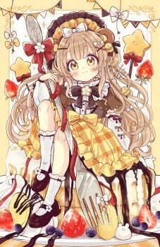 1girl animal animal_ears baby_animal bear_ears bird black_shoes blueberry border bow brown_border brown_bow brown_capelet brown_eyes brown_hair capelet chick closed_mouth commentary_request detached_sleeves food fork frilled_skirt frills fruit full_body hair_ornament hairclip hand_up highres holding holding_fork in_food knee_up long_hair long_sleeves looking_at_viewer mini_person minigirl original pancake pancake_stack pennant plaid_clothes plaid_skirt plate puffy_long_sleeves puffy_sleeves sakura_oriko shirt shoes signature sitting skirt smile socks solo star_(symbol) strawberry string_of_flags very_long_hair white_background white_bow white_shirt white_sleeves white_socks x_hair_ornament yellow_bow yellow_skirt