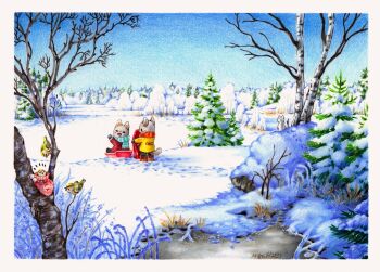 2others animal bird blue_scarf blue_sky border child closed_eyes coat commentary day english_commentary furry gloves highres multiple_others original outdoors painting_(medium) red_coat scarf sky sled slide snow standing stepihukari traditional_media tree watercolor_(medium) white_border winter yellow_coat