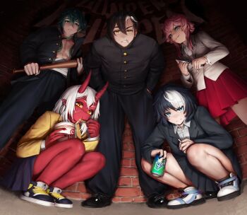 Rule 34 | 2girls, 3boys, absurdres, akumi (yoclesh), black hair, blue eyes, brown hair, colored skin, crossdressing, green hair, highres, horns, indie virtual youtuber, john silva, kawa-kun, kuroh, long hair, looking down, multicolored hair, multiple boys, multiple girls, numanoan, oni, oni horns, pink hair, red skin, rotus lotus, scar, short hair, skirt, virtual youtuber, vyugen, white hair, yellow eyes