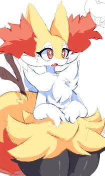 animal_ear_fluff black_fur braixen commentary english_commentary furry gen_6_pokemon highres multicolored_fur nintendo nyaswitchnya open_mouth pokemon red_eyes red_fur snout solo sparkling_eyes standing tail twig white_background white_fur wide_hips yellow_fur z_zmag8