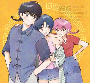 Rule 34 | 1boy, 2girls, :d, arm on another's shoulder, artist name, bisexual female, black hair, blue hair, blue shirt, braid, brown eyes, chinese clothes, con sonne, denim, eye contact, frown, grey eyes, hand on another's shoulder, hand on own hip, hands in pockets, height difference, highres, jeans, looking at another, multiple girls, official alternate costume, open mouth, pants, pink hair, pulling another's clothes, ranma-chan, ranma 1/2, red shirt, saotome ranma, shirt, short hair, single braid, smile, tendou akane, watermark, yellow background