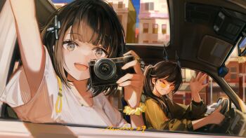Rule 34 | 2girls, absurdres, alternate costume, arknights, arknights: endfield, arm up, artist name, black hair, brown eyes, building, camera, car interior, chen qianyu (arknights), chinese commentary, commentary request, day, dragon girl, dragon horns, endministrator (arknights), female endministrator (arknights), hand up, highres, holding, holding camera, horns, looking at viewer, moloo27, multiple girls, one eye closed, orange-tinted eyewear, outdoors, round eyewear, scrunchie, shirt, signature, t-shirt, tinted eyewear, waving hands, white shirt, wrist scrunchie, yellow scrunchie