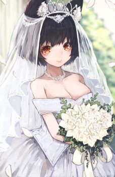 1girl alternate_costume animal_ear_fluff animal_ears azur_lane bare_shoulders black_bridal_gauntlets black_hair blush bouquet breasts bridal_gauntlets cat_ears cleavage closed_mouth commentary cowboy_shot dress eyeshadow flower highres holding holding_bouquet jewelry large_breasts looking_at_viewer makeup mismatched_eyebrows necklace nyucha off-shoulder_dress off_shoulder raised_eyebrows red_eyes red_eyeshadow short_hair smile solo thick_eyebrows tiara wedding_dress white_dress yamashiro_(azur_lane)