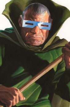 1boy absurdres alex_ross cape comic_cover cover cover_page green_cape green_shirt grey_hair highres holding holding_staff looking_at_viewer male_focus marvel mature_male mole_man_(marvel) official_art shirt short_hair solo staff upper_body western_comics_(style) white-framed_eyewear white_background