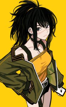 1girl absurdres belt black_belt black_choker black_eyes black_hair black_nails black_shorts chainsaw_man choker green_jacket hand_in_pocket highres holding holding_phone jacket looking_at_viewer medium_hair open_clothes open_jacket phone ponytail sailen0 scar scar_on_face shirt shorts tendou_michiko yellow_background yellow_shirt