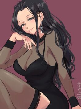 1girl black_dress black_hair breasts cleavage closed_mouth commentary_request dress earrings jewelry ko_tori0 long_hair nico_robin one_piece purple_background see-through_clothes see-through_sleeves sidelocks simple_background smile solo thighhighs twitter_username