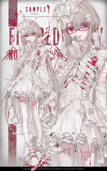 Rule 34 | 1girl, bow, brown hair, colored eyelashes, cross, cross hair ornament, dress, ear piercing, earrings, eyebrow piercing, eyelashes, eyes visible through hair, face piercing, frills, hair ornament, hairpin, highres, image sample, jewelry, lace, lips, long hair, looking at viewer, mihuashi sample, mismatched earrings, mole, mole under eye, multiple rings, multiple views, nnk (nongnong), original, parted lips, piercing, red eyes, ring, sample watermark, watermark, white bow, white dress