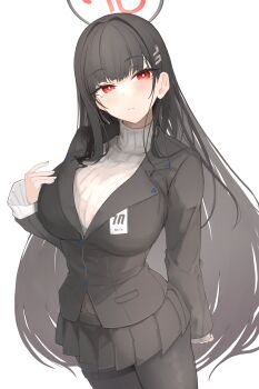 1girl absurdres asaikeu black_hair black_jacket black_pantyhose black_skirt blazer blue_archive blush breasts hair_ornament hairclip halo highres jacket large_breasts long_hair pantyhose pleated_skirt red_eyes ribbed_sweater rio_(blue_archive) simple_background skirt solo sweater turtleneck turtleneck_sweater white_background white_sweater