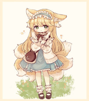 Rule 34 | animal ears, ankle socks, arknights, blonde hair, blue hairband, blue skirt, blush, brown ribbon, brown shoes, cardigan, closed mouth, commentary request, dot nose, frilled hairband, frilled socks, frills, full body, green eyes, hairband, highres, iipoyo (364poyo), long hair, long sleeves, looking at viewer, multiple tails, neck ribbon, official alternate costume, partial commentary, ribbon, shoes, skirt, smile, socks, standing, suzuran (arknights), suzuran (spring praise) (arknights), tail, white cardigan