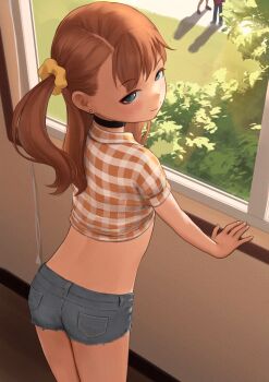 1girl adversarial_noise blue_eyes brown_hair choker closed_mouth cowboy_shot denim denim_shorts earrings freckles from_behind gingham gingham_shirt highres honey_(kuroshiro00) indoors jewelry kuroshiro00 loli long_hair looking_at_viewer looking_back midriff original paid_reward_available short_shorts short_sleeves shorts side_ponytail smile solo standing stud_earrings tree variant_set window