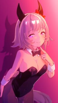1girl 3d absurdres animal_ears anna_anon black_bow black_bowtie black_leotard bow bowtie breasts cleavage commentary covered_navel cowboy_shot curren_chan_(fille_eclair)_(umamusume) curren_chan_(umamusume) detached_collar ear_covers english_commentary half-closed_eyes hand_up highres horse_ears horse_girl horse_tail koikatsu_(medium) leotard looking_at_viewer medium_breasts pantyhose pink_theme pointing pointing_at_self purple_eyes purple_hair red_bow smile solo strapless strapless_leotard tail thighs traditional_bowtie umamusume wing_collar