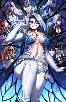 5girls absurdres belt blue_bra blue_eyes blue_hair bra breasts broken_glass character_request glass glass_shards gradient_background grin highres kitagawa_marin large_breasts long_hair mary_skelter monarch_(1st_costume)_(amalee) monarch_(amalee) monarch_(flame_empress)_(amalee) monarch_(mafia)_(amalee) monarch_(siren)_(amalee) multiple_girls multiple_persona navel official_alternate_costume one_piece one_piece_film:_red pants pyre_(mary_skelter) rageman709 smile sono_bisque_doll_wa_koi_wo_suru star_(sky) starry_sky_background underwear uta_(one_piece) virtual_youtuber voice_actor_connection vshojo white_pants