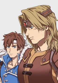 2boys ancestor_and_descendant blonde_hair blue_eyes brown_hair brown_headband castlevania:_rondo_of_blood castlevania_(1986) castlevania_(series) frown gem girl_staring_at_guy&#039;s_chest_(meme) headband height_difference highres keiseki1 male_focus medium_hair meme multiple_boys richter_belmont simon_belmont sleeveless white_headband