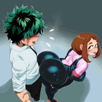 absurdres ass black_necktie black_pants brown_eyes brown_hair fiinel formal_clothes green_hair hero_outfit_(mha) hetero highres huge_ass izuocha long_sleeves matching_hair/eyes midoriya_izuku necktie pants scar scar_on_face shirt short_hair sidelocks superhero_costume superheroine_costume uraraka_ochako uraraka_ochako_(hero_outfit) white_shirt