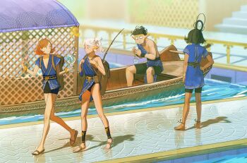 1boy 3girls :t asimov_(spindle_(aidenr0)) black_hair blue_dress blurry blurry_background boat breasts brown_hair bubble cleavage commentary constricted_pupils dock dress dropping eating english_commentary facing_away from_side full_body green_eyes hand_on_own_hip highres looking_at_another medium_hair multiple_girls original ottilie_(spindle_(aidenr0)) outdoors own_hands_together pointy_ears sandals short_hair shorts sitting smile spindle_(aidenr0) standing surprised walking water watercraft white_hair wide-eyed