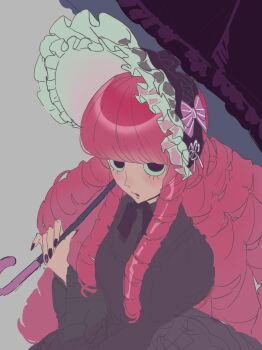 1girl alternate_costume black_bow black_bowtie black_dress black_hair black_nails bow bowtie cheouldu dress drill_hair drill_sidelocks frilled_hairband frills hairband holding holding_umbrella long_hair long_sleeves looking_at_viewer nail_polish one_piece perona pink_hair sidelocks solo umbrella upper_body very_long_hair