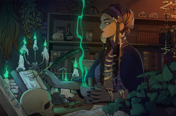 1girl absurdly_detailed_composition black_nails bone book book_stand bookshelf bowl bracelet braid braided_sidelocks breasts candelabra candle candlestand capelet colored_smoke commentary desk earrings english_commentary fingernails fire gold_bracelet gold_earrings gold_necklace green_fire hair_ornament headscarf herb holding holding_bowl holding_quill indoors inkwell jar jewelry kmetteuh layered_clothes loaded_interior long_fingernails looking_to_the_side mortar_(bowl) necklace open_book original pestle plant potted_plant purple_capelet purple_headscarf purple_shirt purple_vest quill scroll shirt skull smoke solo turban upper_body vest weighing_scale white_shirt wind_chime witch writing yellow_eyes