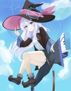 1girl absurdres bare_legs blue_archive boots cloud crossover elaina_(majo_no_tabitabi) gun halo hat highres holding_headgear long_coat long_hair majo_no_tabitabi pointy_footwear purple_eyes riding shirt skirt sky strap thighs veriny weapon white_hair witch_hat