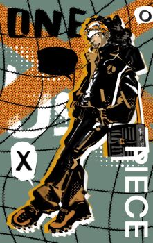 1boy absurdres black_hair black_jacket black_pants blowing_bubble_gum chewing_gum commentary copyright_name full_body goggles goggles_on_head hands_in_pockets highres jacket long_nose male_focus mrjieshisu one_piece pants profile solo usopp