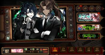 2boys absurdres aqua_eyes black_eyes black_gloves black_jacket black_necktie cherry_oux collared_shirt crossed_arms dark-skinned_male dark_skin facial_scar fingerless_gloves full-stop_office_(identity)_(project_moon) gloves grey_shirt hand_on_another's_shoulder headset heathcliff_(project_moon) heterochromia highres hong_lu_(project_moon) jacket limbus_company long_hair looking_at_viewer male_focus medium_hair multiple_boys necktie ponytail project_moon purple_eyes scar scar_on_cheek scar_on_face shirt sweatdrop user_interface v white_gloves white_shirt