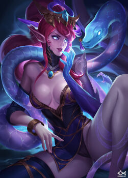 1girl alternate_costume alternate_hair_color blue_eyes breasts caitlyn_(league_of_legends) citemer cleavage collar cowboy_shot dress gloves hair_ornament hair_stick jewelry league_of_legends lips long_hair looking_at_viewer lunar_wraith_caitlyn medium_breasts panties pointy_ears ponytail red_hair serpent snake spread_legs tassel underwear