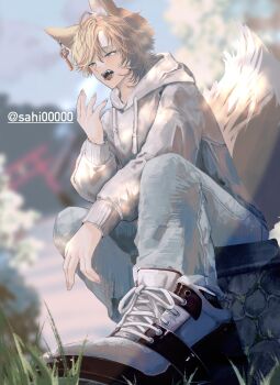 1boy animal_ears blonde_hair blue_pants blurry blurry_background brown_eyes commentary day denim fox_boy fox_ears fox_tail full_body grey_hoodie hair_between_eyes highres hood hood_down hoodie jeans long_sleeves male_focus medium_hair open_mouth original outdoors pants parted_bangs sahi00000 shoes sitting solo symbol-only_commentary tail white_shoes yawning