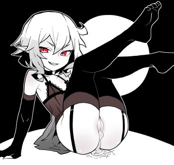 1girl absurdres akableak ass babydoll choker cleft_of_venus collarbone colored_skin cum cum_in_pussy cumdrip elbow_gloves evil_grin evil_smile flat_chest full_body garter_straps gloves grin halftone highres legs_up loli looking_at_viewer naughty_face no_shoes outline pointy_ears pussy red_eyes remilia_scarlet short_hair sitting slit_pupils smile solo thighhighs thighs toes touhou v-shaped_eyebrows white_hair white_skin