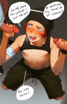 3boys absurdres black_tank_top clothes_lift collarbone cuntboy english_text from_above handjob highres k-project looking_at_another looking_up mastectomy_scar multiple_boys nipples open_mouth penis precum scar scar_on_chest shirt_lift shorts skinny solo_focus speech_bubble squatting standing tank_top teeth tongue treslech3s veins veiny_penis yaoi yata_misaki