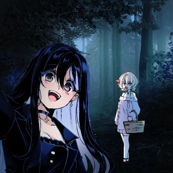 2girls basket black_choker black_hair black_jacket blue_hair breasts choker cleavage colored_inner_hair commentary cookie cross cross_choker cross_earrings double-parted_bangs earrings english_commentary food forest grey_eyes hair_between_eyes highres holding holding_basket jacket jewelry long_hair looking_at_viewer mouth_hold multicolored_hair multiple_girls nature open_mouth original outdoors ryuuxin sadie_(ryuuxin) selfie short_hair smile tree two-tone_hair