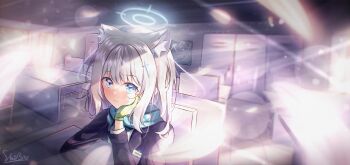 1girl absurdres animal_ear_fluff animal_ears aqua_scarf arm_support blazer blue_archive blue_eyes blue_halo blue_jacket blush chair classroom commentary_request cross_hair_ornament desk gloves green_gloves grey_hair hair_between_eyes hair_ornament halo hand_on_own_cheek hand_on_own_face highres id_card indoors jacket lens_flare long_hair looking_at_viewer mismatched_pupils scarf shi3 shiroko_(blue_archive) shirt sidelocks signature sitting smile solo striped_clothes striped_scarf tile_floor tiles upper_body white_hair white_shirt wolf_ears