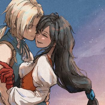 1boy 1girl arms_around_waist bare_shoulders blonde_hair blue_ribbon blue_vest bodysuit breasts brown_hair closed_eyes closed_mouth commentary_request couple final_fantasy final_fantasy_ix garnet_til_alexandros_xvii gloves hair_between_eyes hair_ornament hairclip hetero highres juliet_sleeves kiss kissing_cheek long_hair long_sleeves low-tied_long_hair low_ponytail medium_breasts neck_ribbon orange_bodysuit parted_bangs parted_lips ponytail puffy_long_sleeves puffy_sleeves pulupulupoodle red_gloves ribbon shirt smile upper_body vest white_shirt zidane_tribal