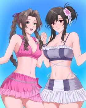 Rule 34 | 2girls, aerith gainsborough, aerith gainsborough (pink mermaid), bikini, bikini skirt, black hair, braid, braided ponytail, breasts, brown hair, cleavage, costa del sol, final fantasy, final fantasy vii, final fantasy vii rebirth, final fantasy vii remake, flower, frilled bikini, frills, green eyes, hair flower, hair ornament, highres, holding hands, kivavis, large breasts, looking at viewer, medium breasts, multiple girls, official alternate costume, official alternate hairstyle, open mouth, pink bikini, red eyes, smile, swimsuit, tifa lockhart, tifa lockhart (shining spirit), white bikini