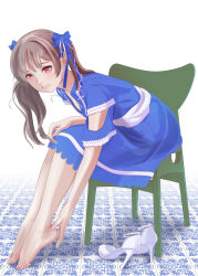 Rule 34 | 1girl, absurdres, barefoot, blue bow, blue dress, blue ribbon, bow, brown hair, closed mouth, dress, embarrassed, eyelashes, feet, frills, full body, hair bow, hair ribbon, hand on own knee, high heels, highres, long hair, nail polish, on chair, original, pink eyes, pink nails, ribbon, shoes, side ponytail, sitting, solo, stiletto heels, strappy heels, teeth, toe scrunch, toenail polish, toenails, toyoki, unworn shoes, white background, white footwear