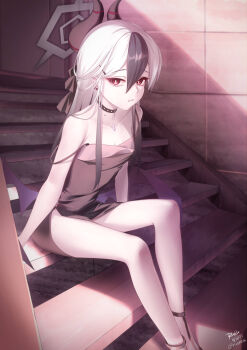 1girl absurdres bare_legs bare_shoulders black_choker black_dress blue_archive choker demon_horns demon_wings dress halo highres horns kayoko_(blue_archive) kayoko_(dress)_(blue_archive) long_hair rara086 red_eyes stairs white_hair wings