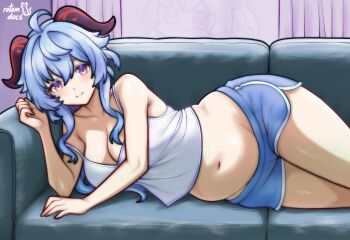 Rule 34 | 1girl, alternate body size, alternate costume, artist name, belly, blue hair, blue shorts, breasts, camisole, casual, closed mouth, collarbone, commentary, contemporary, couch, cowboy shot, dolphin shorts, english commentary, ganyu (genshin impact), genshin impact, highres, horns, large breasts, looking at viewer, lying, midriff, navel, on couch, on side, plump, purple eyes, red horns, rotomdocs, short shorts, shorts, sidelocks, solo, strap slip, white camisole