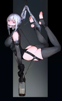 1girl absurdres ak-12_(girls'_frontline) ankles_bound arm_tattoo ass ball_gag bdsm black_gloves black_leotard black_thighhighs bondage bound bound_ankles bound_wrists breasts chest_harness crotch_rope detached_sleeves drooling elbow_gloves feet gag gagged girls'_frontline gloves hair_bondage hanging harness highleg highleg_leotard highres holding holding_vial iuui legs leotard long_hair medium_breasts no_shoes pink_eyes ponytail restrained saliva saliva_trail science_fiction simple_background skindentation soles solo stirrup_legwear tattoo thigh_strap thighhighs toe_scrunch toeless_legwear toenails toes vial white_hair wire