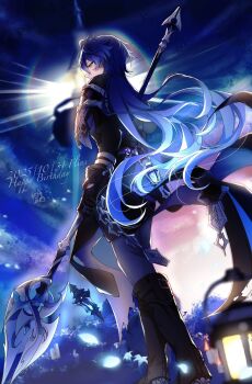 1boy ahoge black_boots black_gloves boots coat commentary_request flins_(genshin_impact) flower genshin_impact gloves happy_birthday highres holding holding_polearm holding_weapon lantern long_hair looking_back polearm ren_syuno solo solo_focus vision_(genshin_impact) walking weapon yellow_eyes