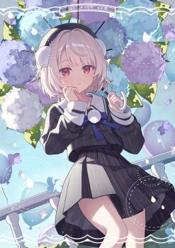 1girl absurdres ball bare_legs black_hair black_shirt black_skirt blonde_hair blue_bow blue_bowtie blue_sky border bow bowtie bush commentary_request cowboy_shot flower hand_up highres holding holding_umbrella hydrangea kurobikari leaf long_sleeves looking_at_viewer outdoors parted_lips pleated_skirt pom_pom_(clothes) rain red_eyes sailor_collar shirt short_hair skirt sky solo striped_clothes striped_shirt striped_skirt ui_(voisona) umbrella vertical-striped_clothes vertical-striped_shirt vertical-striped_skirt voisona white_sailor_collar