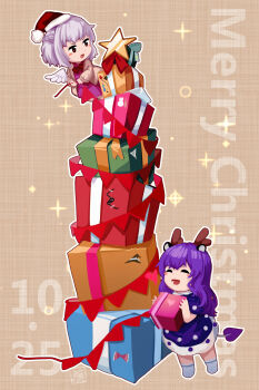 2girls :d alternate_hair_color alternate_hair_length alternate_hairstyle alternate_headwear animal_ears blue_dress blush bow bowtie chibi chibi_only christmas closed_eyes coat deer_ears doremy_sweet dress fake_animal_ears furahata_gen gift grey_socks hat highres holding holding_gift kishin_sagume long_sleeves looking_at_another merry_christmas multiple_girls open_mouth purple_dress purple_hair red_bow red_bowtie red_eyes santa_hat smile socks tail touhou two-tone_dress white_coat white_dress white_hair