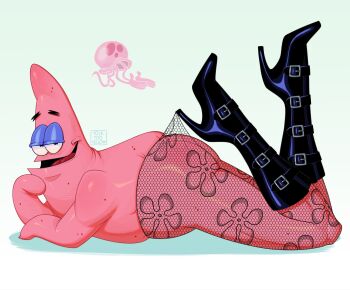 Rule 34 | 1boy, ass, black boots, black pantyhose, boots, colored skin, commentary, english commentary, fat, fat man, floral print pantyhose, half-closed eyes, high heel boots, high heels, highres, hooked on heel, jellyfish, jellyfish (spongebob), lace pantyhose hooked on heel (meme), lying, male focus, meme, on stomach, open mouth, pantyhose, pantyhose only, pantyhose tug, patrick star, pink skin, see-through pantyhose, skindentation, smile, solo focus, spongebob squarepants (series), starfish, white background, yolk too yellow