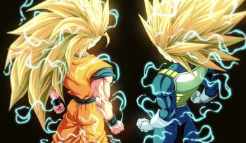 Rule 34 | 2boys, blonde hair, bure (fantasticyouth7), commentary request, dragon ball, dragon ball daima, electricity, highres, long hair, male focus, multiple boys, muscular, muscular male, orange dougi, orange overalls, orange pants, orange tunic, overalls, pants, saiyan, saiyan armor, son goku, super saiyan, super saiyan 3, tunic, vegeta