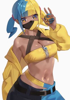 1girl aqua_hair armpit_crease bandeau black_mask blonde_hair blue_eyes blue_hair breasts canari_(pokemon) center-flap_bangs cleavage criss-cross_halter criss-cross_straps crop_top cropped_jacket dark-skinned_female dark_skin halterneck hand_up highres holding holding_poke_ball iwbitu jacket large_breasts looking_at_viewer mask mega_ring mega_stone midriff mouth_mask multicolored_eyes multicolored_hair navel nintendo pants poke_ball pokemon pokemon_legends:_z-a quick_ball short_twintails simple_background solo split-color_hair stomach twintails two-tone_eyes two-tone_hair two-tone_mask two-tone_pants white_background yellow_bandeau yellow_jacket yellow_mask