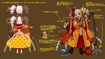 Rule 34 | 1girl, absurdres, ahoge, brown background, commentary request, drill hair, fang, food, full body, geta, highres, japanese clothes, kimono, makizushi, microphone stand, multiple views, open mouth, orange eyes, orange kimono, outstretched arms, peru co, pink hair, pointing out the details, reference sheet, spread arms, stuffed animal, stuffed toy, sushi, translation request, tsuina-chan, twin drills, voiceroid