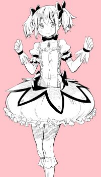 Rule 34 | 1girl, absurdres, blush, bow, bow choker, bubble skirt, choker, closed mouth, cocoa (ultra mdk), collarbone, commentary request, dot nose, dress, dress bow, feet out of frame, frilled skirt, frilled sleeves, frilled socks, frills, gloves, greyscale with colored background, hair bow, hands up, highres, kaname madoka, kaname madoka (magical girl), kneehighs, looking at viewer, magical girl, mahou shoujo madoka magica, mahou shoujo madoka magica (anime), pink background, short dress, short hair, short sleeves, short twintails, sidelocks, simple background, skirt, smile, socks, solo, standing, twintails